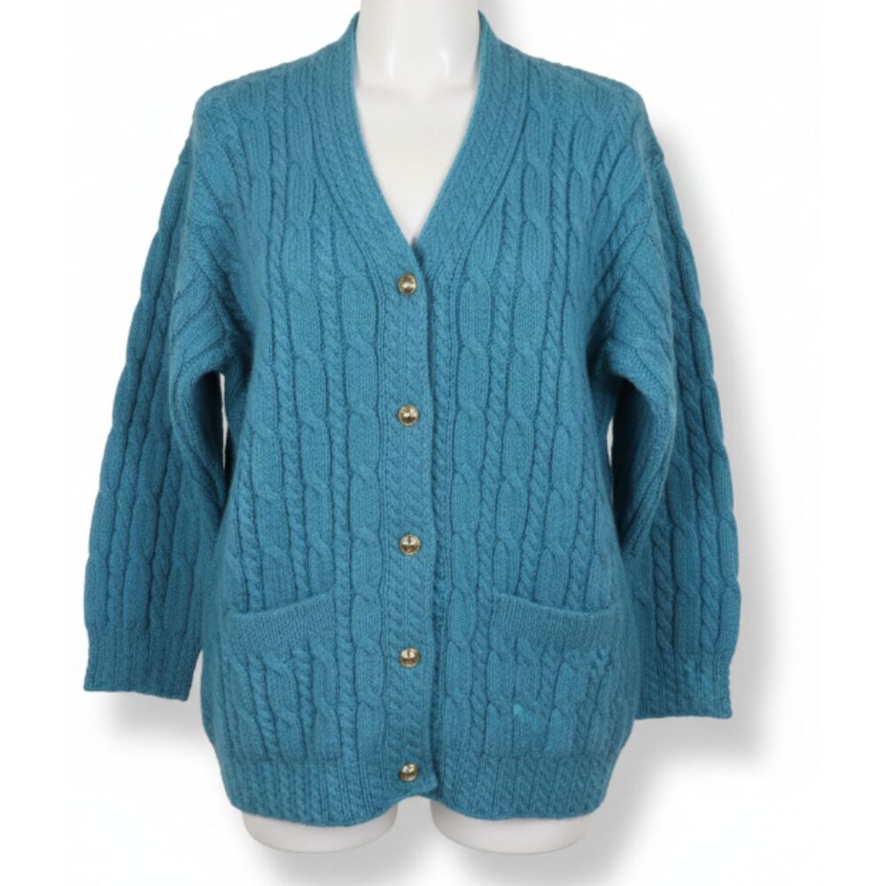 Vintage Heavy Cable Knit Chunky Gold-Button Cardigan Sweater Large Wool Blend